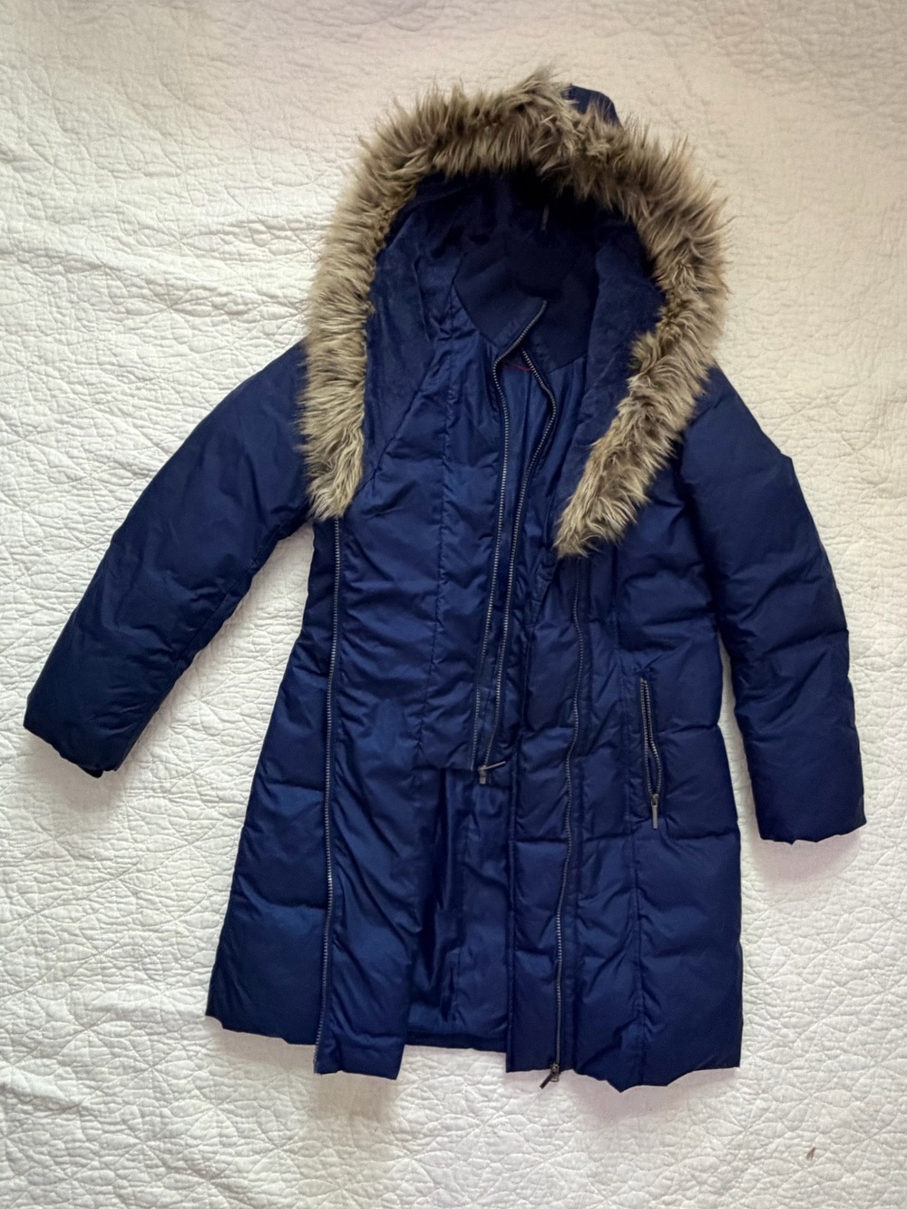 Metaphor Long Puffer Coat Faux Fur Hood Navy Blue Medium Winter Jacket Y2K